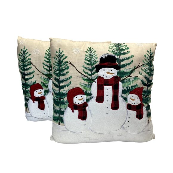 Set Of 2 Winter Snowman Throw Pillows 15 Inch Decorative Cushion Covers Beige & - Picture 1 of 3